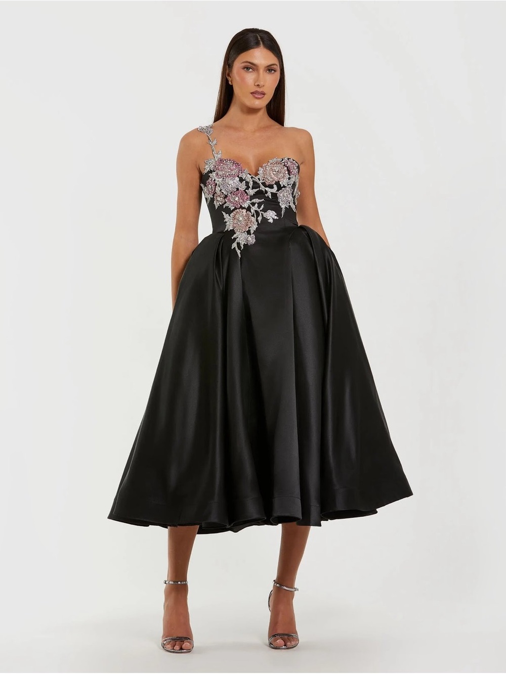 Mac Duggal 11955 Black Satin One-Shoulder Midi Dress with Beaded Flowers Size 10 - Picture 1 of 11